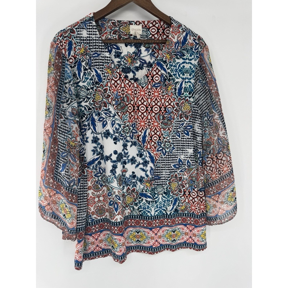 Chico's Florentine Tile Blouse V-Neck Multicolor Flowy Sleeves Size 3 XL Sheer